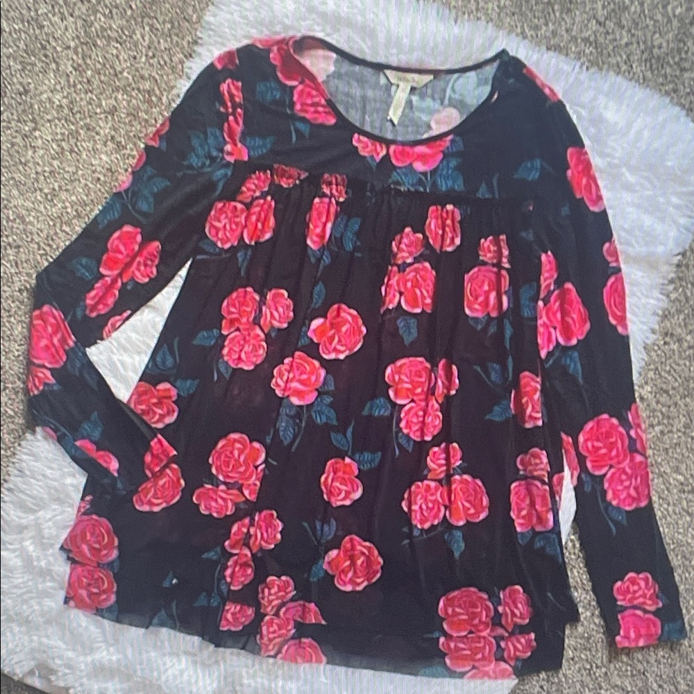 Matilda Jane Black Long-Sleeve Tunic with Pink Rose Print